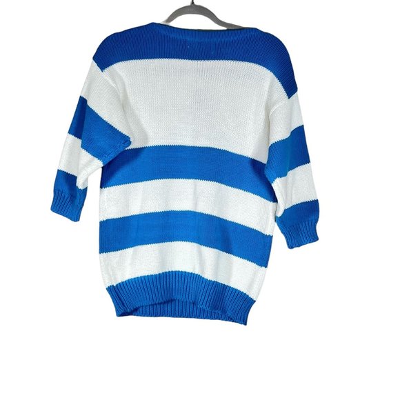Vintage Jantzen Nautical Sweater 3/4 Sleeve Medium Blue White Stripe Crochet - Picture 2 of 7